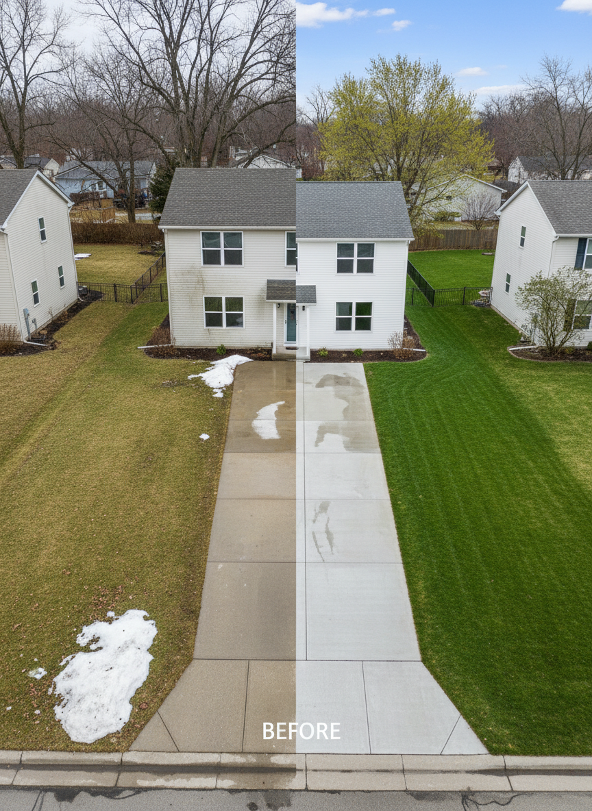 A dramatic before-and-after aerial view of a corner residential property in early spring, split diagonally through the frame. On one side, patchy, uneven grass with lingering snow piles, cloudy windows, and a lightly stained driveway. On the other side, the same home after complete property care: lush, uniformly green lawn, cleared walkways, bright, clean siding, and sparkling windows reflecting the sky. Captured in photographic realism from a high, slightly tilted drone perspective under clear, bright daylight, with consistent lighting across both halves. The composition emphasizes contrast while remaining realistic and professional, showcasing the comprehensive impact of expert lawn care, house washing, window cleaning, and snow removal services.