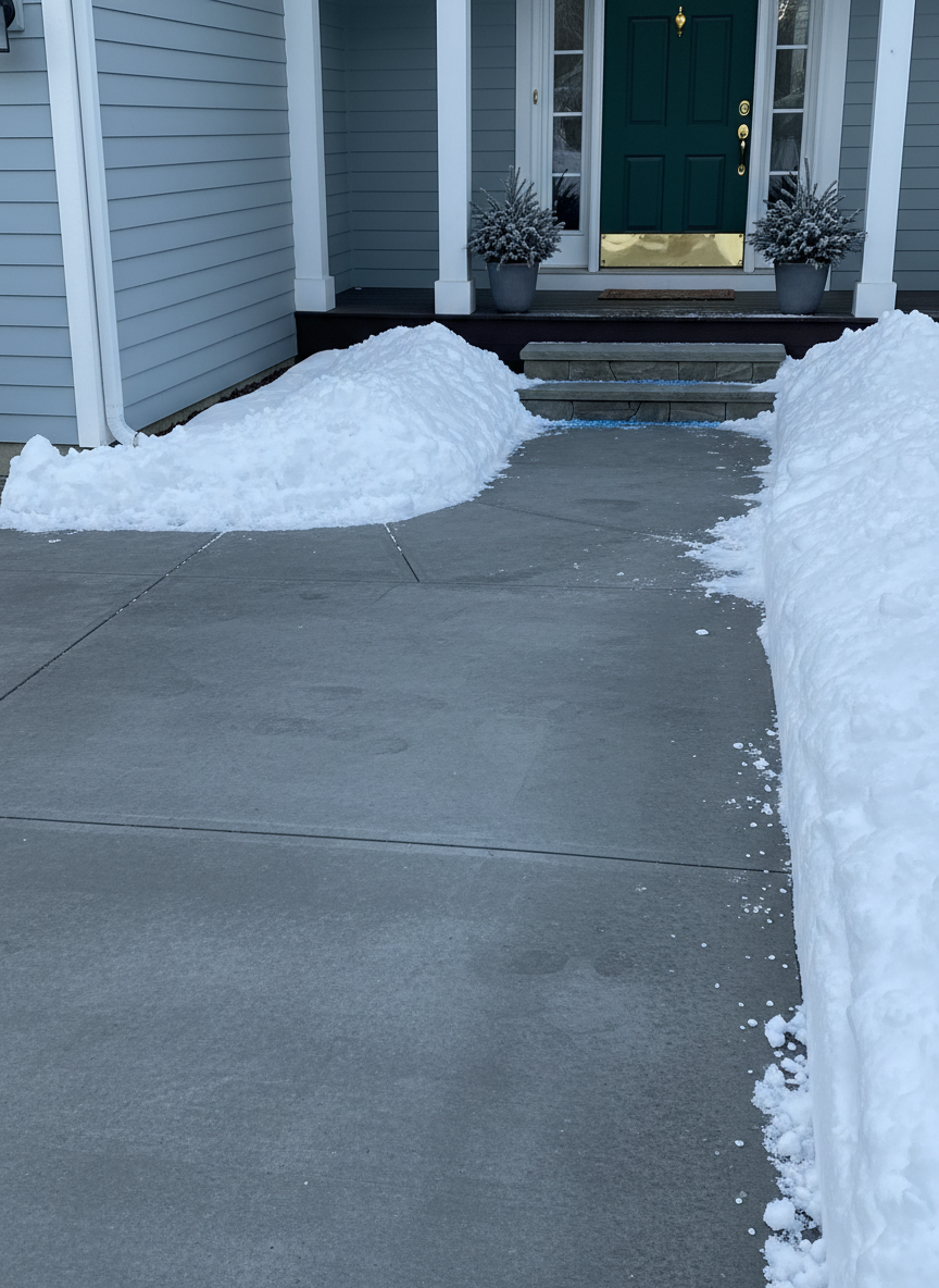 A tidy residential driveway and front walkway in winter, freshly cleared of snow, with clean, straight edges revealing dark, dry concrete surrounded by neatly piled white snowbanks. The adjacent front steps and porch are completely free of snow and ice, with a discreet scattering of de-icer granules along the edges for safety. The home’s lower siding and entryway are visible, looking clean and well cared for. Captured at eye level in soft, overcast winter light that gently illuminates the scene, creating subtle shadows along the snow piles. Photographic realism with crisp detail and a calm, reassuring mood, emphasizing dependable, professional residential snow removal without any people present.