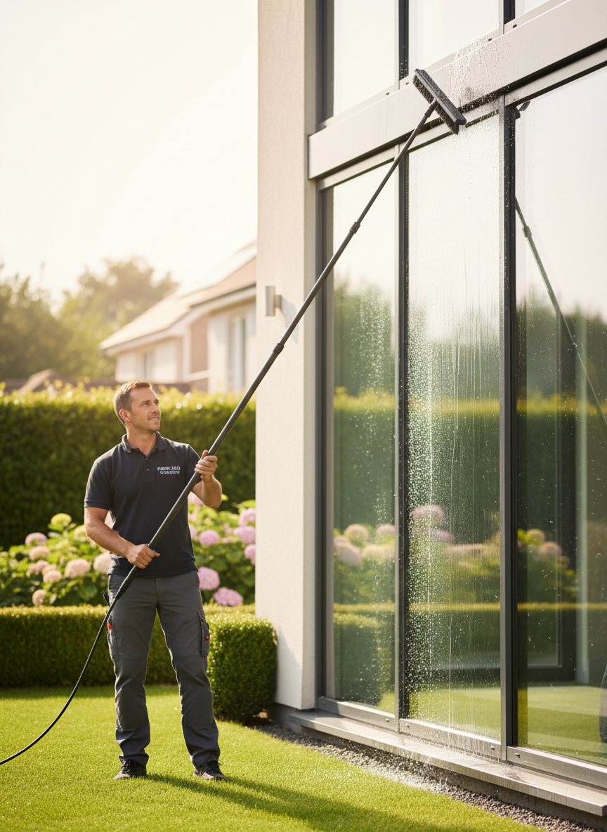 A professional window cleaner using a water-fed pole to clean the exterior windows of a residential home. The pole has a brush head with pure water flowing through it and onto the glass, leaving the windows spotlessly clean. The worker stands on the ground, no ladder required. The focus is on the clean, sparkling windows and the water flowing from the pole brush — not on any filtration equipment. Bright natural daylight, green garden or lawn in the background, photographic realism, shallow depth of field. Professional, clean, and trustworthy feel.