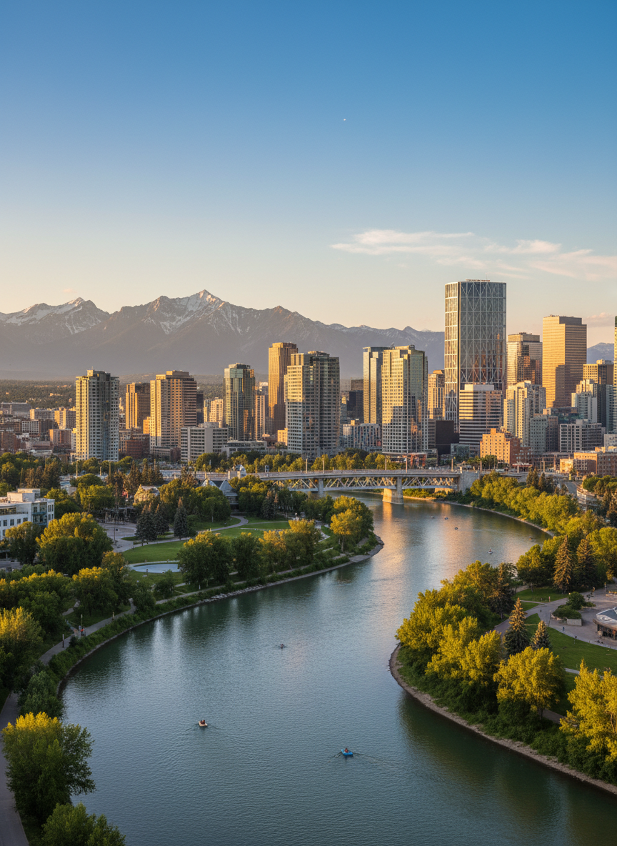 Calgary, Alberta skyline with the Bow River in the foreground and the Rocky Mountains in the background. Clear blue sky, warm golden hour lighting. Professional, clean, inviting. Wide landscape shot.