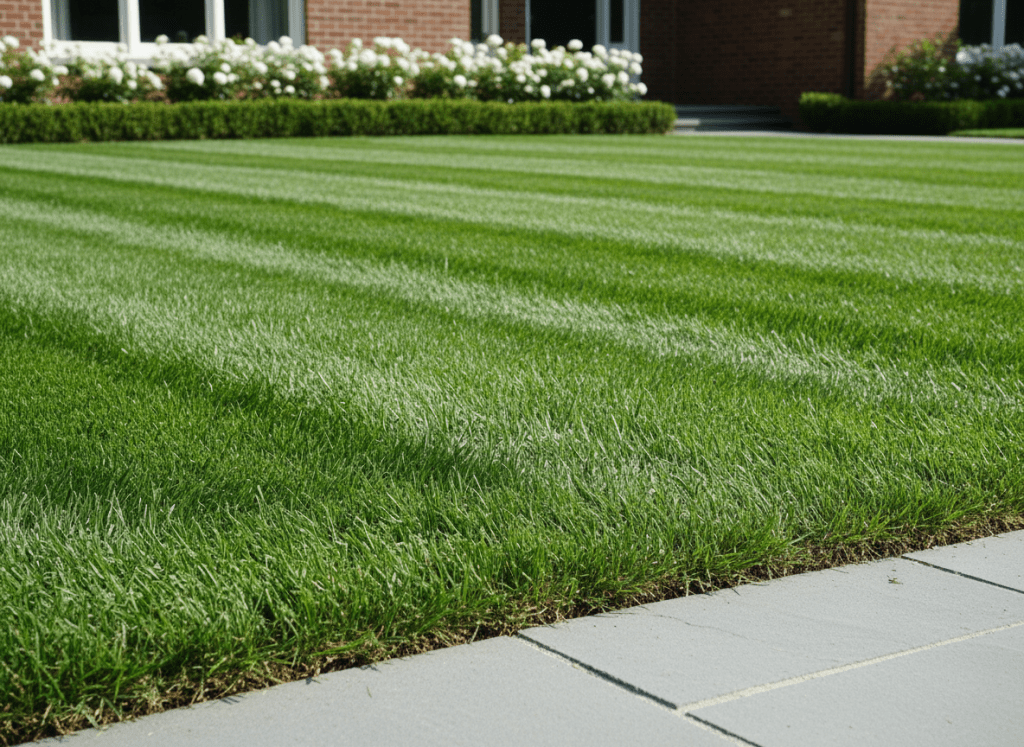 Freshly mowed green residential lawn with crisp mowing stripes