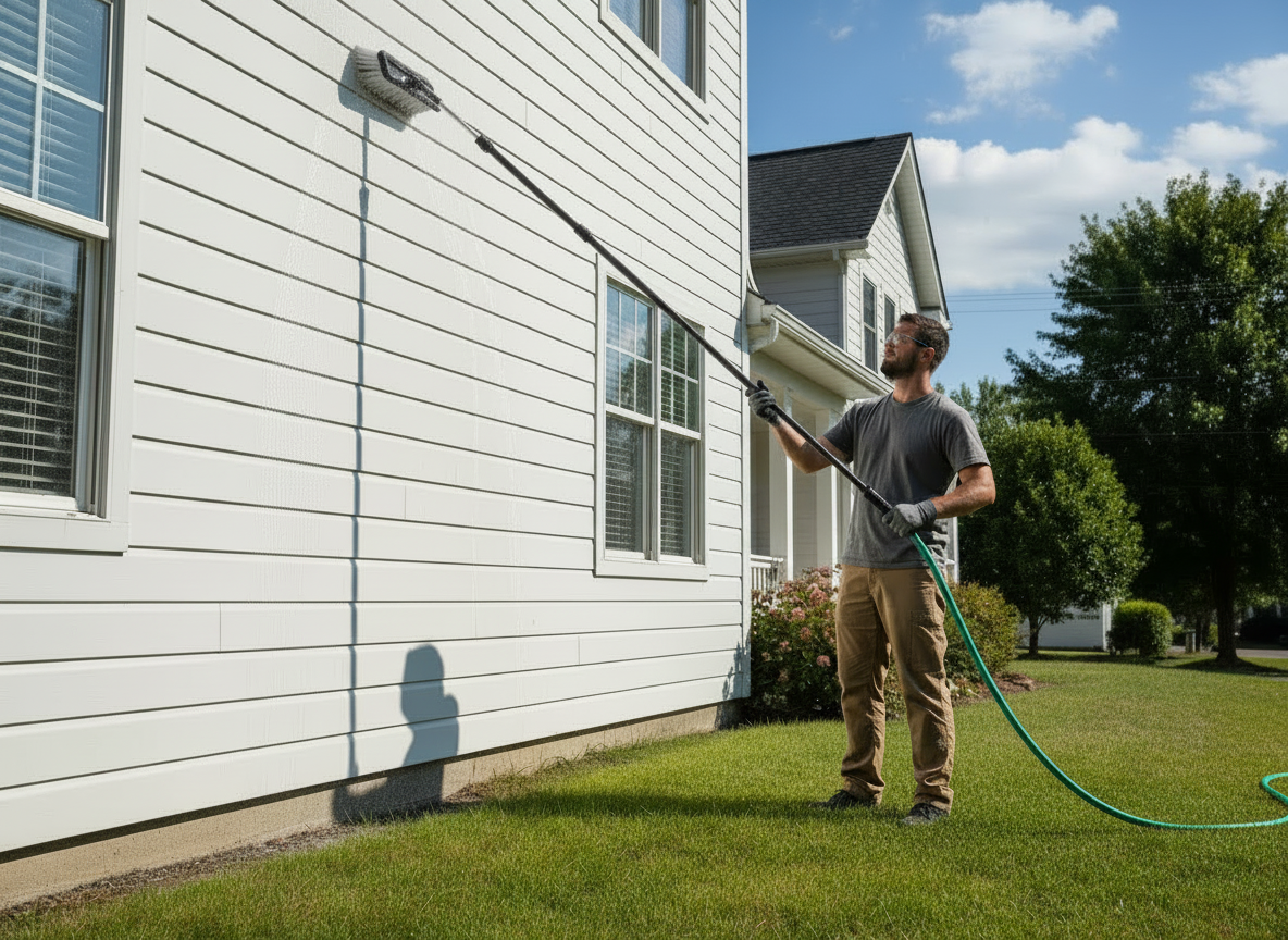 A professional cleaner washing white vinyl house siding with a long-handled pure water brush on a pole, standing on a green lawn beside a residential home on a sunny day. No equipment, tanks, or machines visible — just the person and the brush pole. Clean, realistic, outdoor daylight.