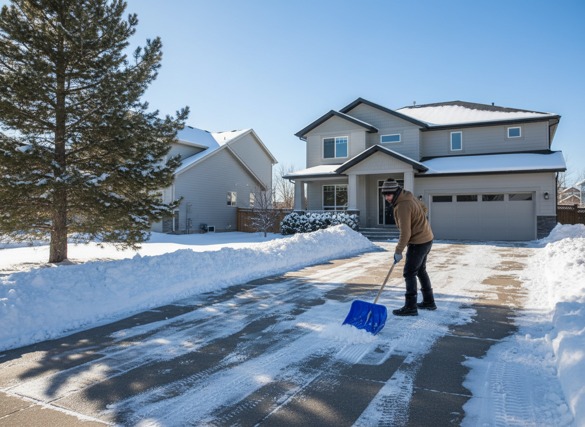 A person shoveling snow from a clean suburban Calgary residential driveway on a bright winter day. The driveway is wide with snow piled neatly on the sides. A typical Calgary suburban home is visible in the background. Realistic photo style, cold clear winter daylight. No signs, no text, no logos.